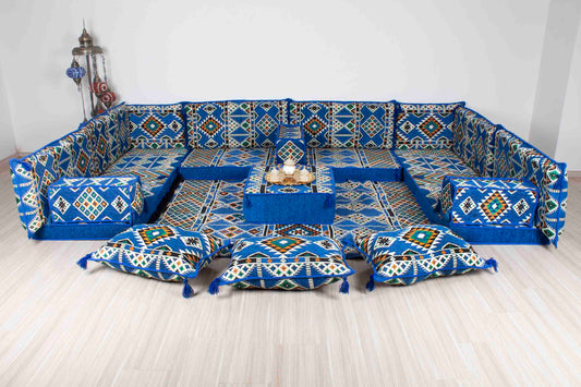 Anemurium Blue U Shaped Sofa Set