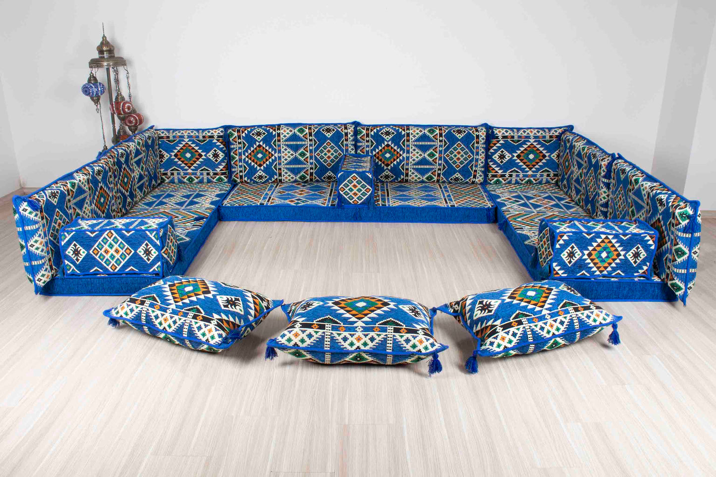 Anemurium Blue U Shaped Sofa Set