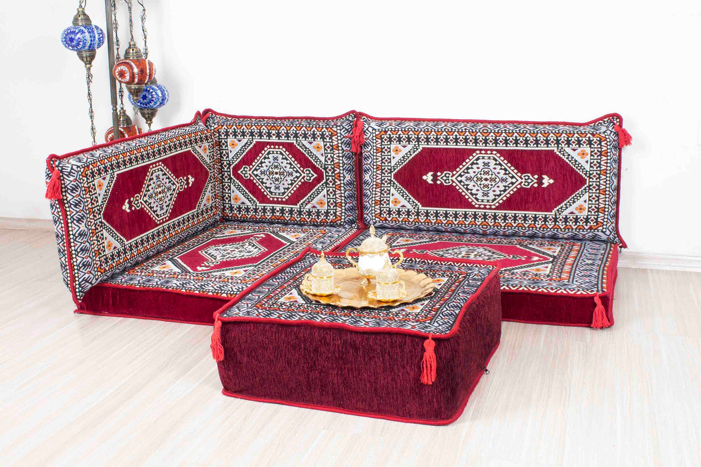 Palace Maroon Mini L Shaped Sofa Set